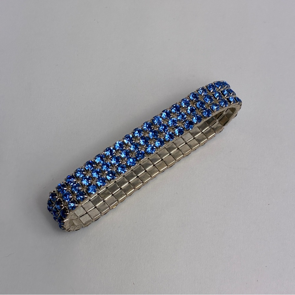 Blue Rhinestone Bracelet Three Row Expansion Band 7 Inch Stretchy - Picture 5 of 10